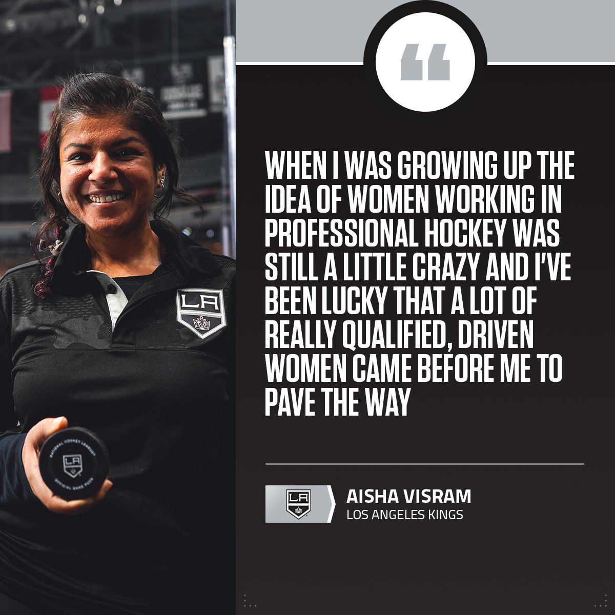 NHLPR's tweet photo. Last night, Aisha Visram made history serving on the @LAKings bench as an athletic trainer.

Visram is the head athletic trainer of the AHL’s @ontarioreign and previously worked with the @ECHLThunder as well as in the NCAA with @StLawrenceU.

Read more: https://t.co/sJ8z8lmgaj https://t.co/ljB6ztQq8J