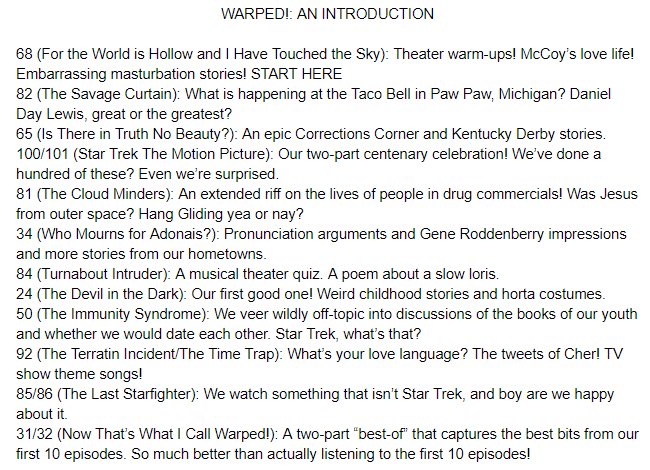 WarpedTrek's tweet photo. Here’s a copy of the list of episodes you will be getting. And one more thing these episodes will run for the next ten weeks, our break will not expect new episodes coming within the next few weeks https://t.co/OqWJFkp69Q