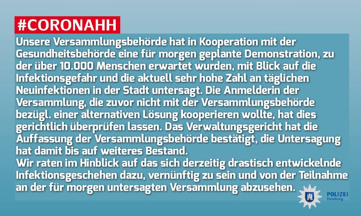 PolizeiHamburg's tweet photo. Eine wichtige Information für den morgigen Samstag.

Pressemitteilung des Verwaltungsgerichts:
https://t.co/NIXfIvWiZe
#CoronaHH #HH1501 https://t.co/CRRy9ZoEsO
