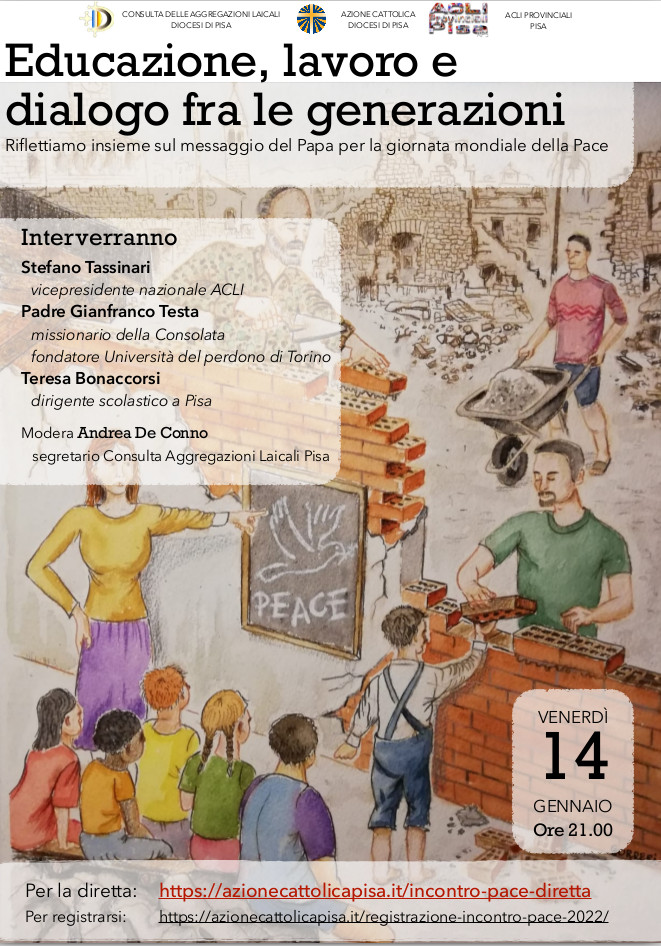 AcPisa's tweet image. "Dialogare significa ascoltarsi, confrontarsi, accordarsi e camminare insieme. Favorire tutto questo tra le generazioni vuol dire dissodare il terreno duro e sterile del conflitto e dello scarto per coltivarvi i semi di una pace duratura e condivisa"
azionecattolicapisa.it/incontro-pace-…