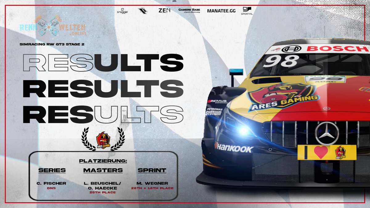 - Results -

Die vierten GT3-Rennen der 2nd Stage sind vorbei und folgende Ergebnisse konnten unsere Fahrer erzielen!

#AhuAres 🏎️ rennwelten.online 🏎️ #AresArmy