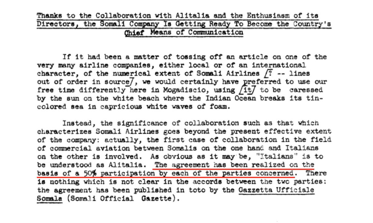 thebhlub's tweet photo. 1. Contrary to what faqash and Kacaan orphans spew, what we know as Somali Airlines was a joint venture between Italy and Somali Republic. 

Alitalia (Italy's flag carrier) owned 50% of Somali Airlines, with the remaining 50% owned by the government of Somali Republic. https://t.co/UWSccCf3xW
