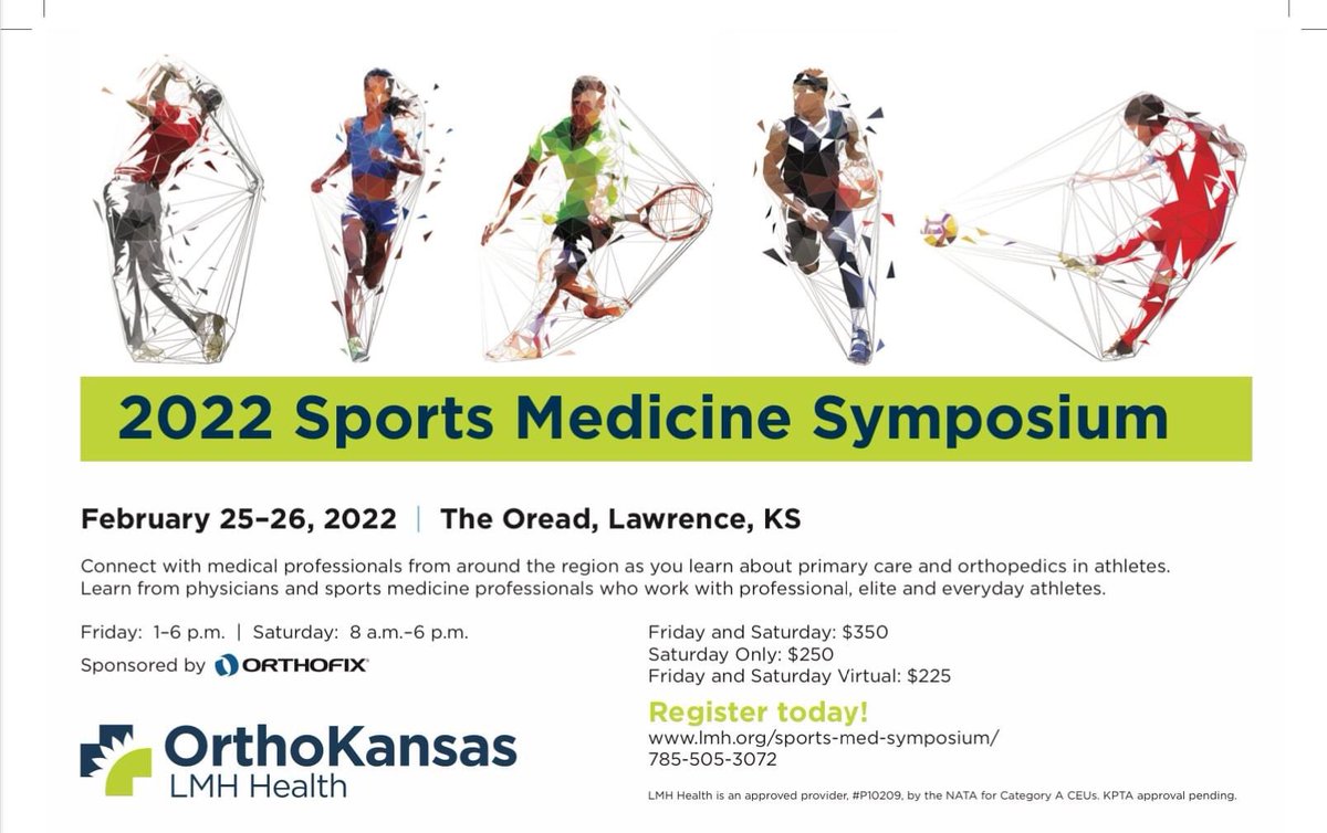 Mark your Calendars for February 25-26th!

OrthoKansas is hosting their annual Sports Medicine Symposium. You have the opportunity to attend from home OR in-person with your colleagues! Check out this flyer or their website for more information!

lmh.org/sports-medicin…