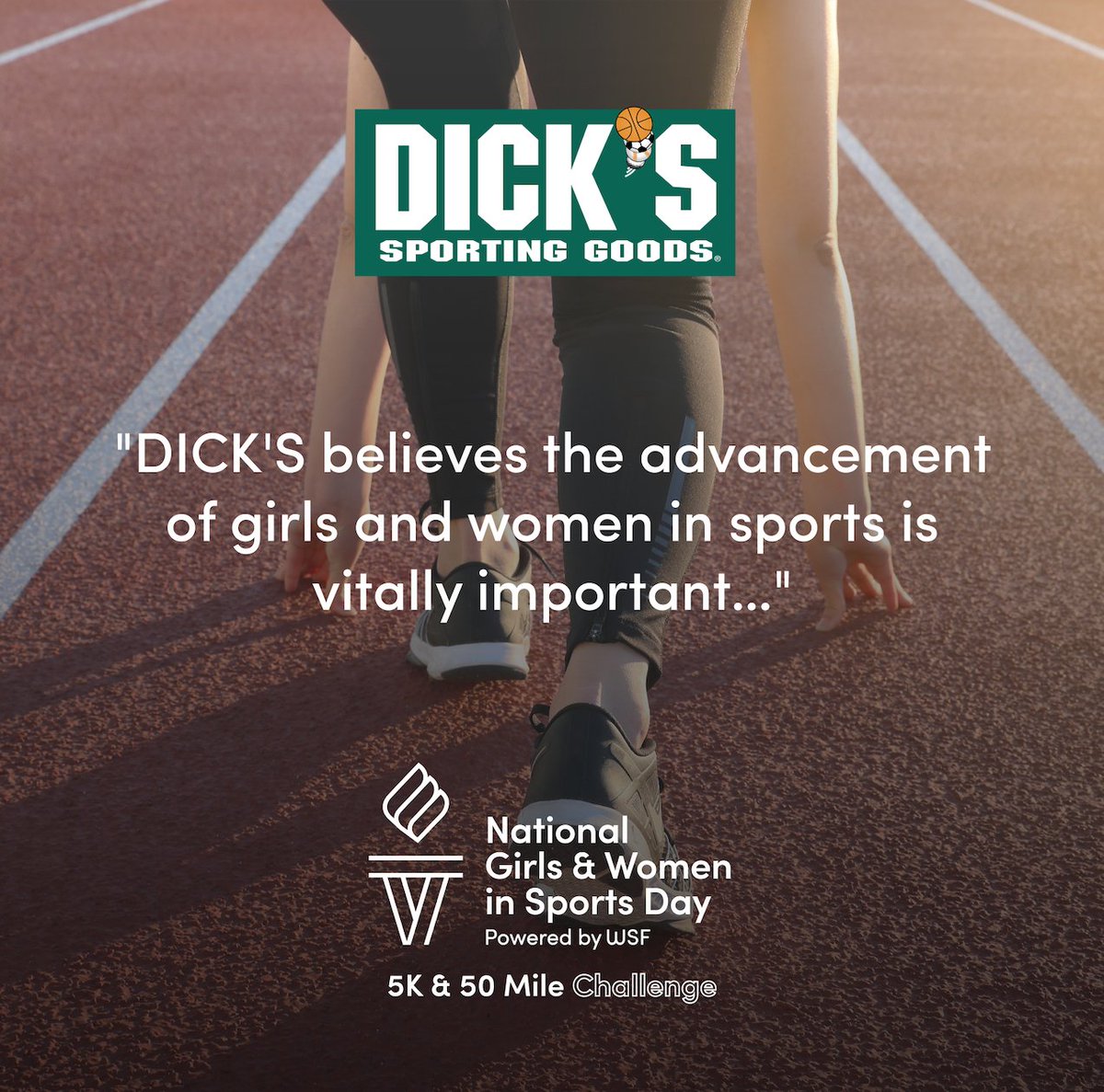 WomensSportsFdn's tweet photo. … As a leader in the sports industry, our goal is to do what we can to help empower girls and women through sport.”
 
We are excited to continue our valued partnership with @DICKS as the Presenting Partner for our 2022 National Girls &amp; Women In Sports Day 5K &amp; 50 Mile Challenge! https://t.co/1RmnlZlyu7