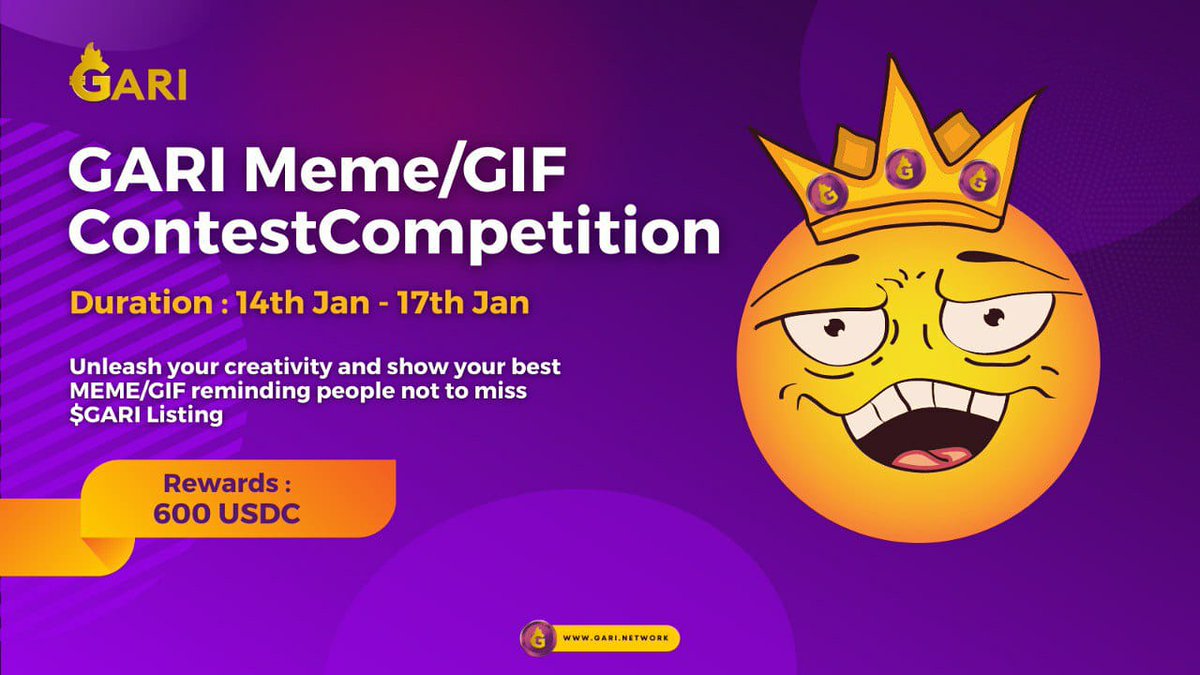 GARI Meme/GIF Contest

Unleash your creativity again and create an amazing MEME/GIF on those who missed participating in GARI Presale &amp; IDO.

🏆Rewards : 600 USDC

📆 Contest Duration : 14th Jan - 17th Jan

More Details : t.me/garitokenchann…

#GariMemeContest #GariListing