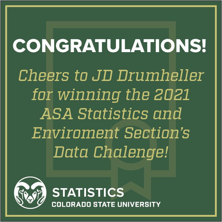 Congrats to MAS Data Science alum JD Drumheller for being named one of the winners in the 2021 ASA Statistics and Environment Section’s data challenge! His winning project was titled: “Predicting tree species distributions in Colorado forests using climate models.” Cheers!