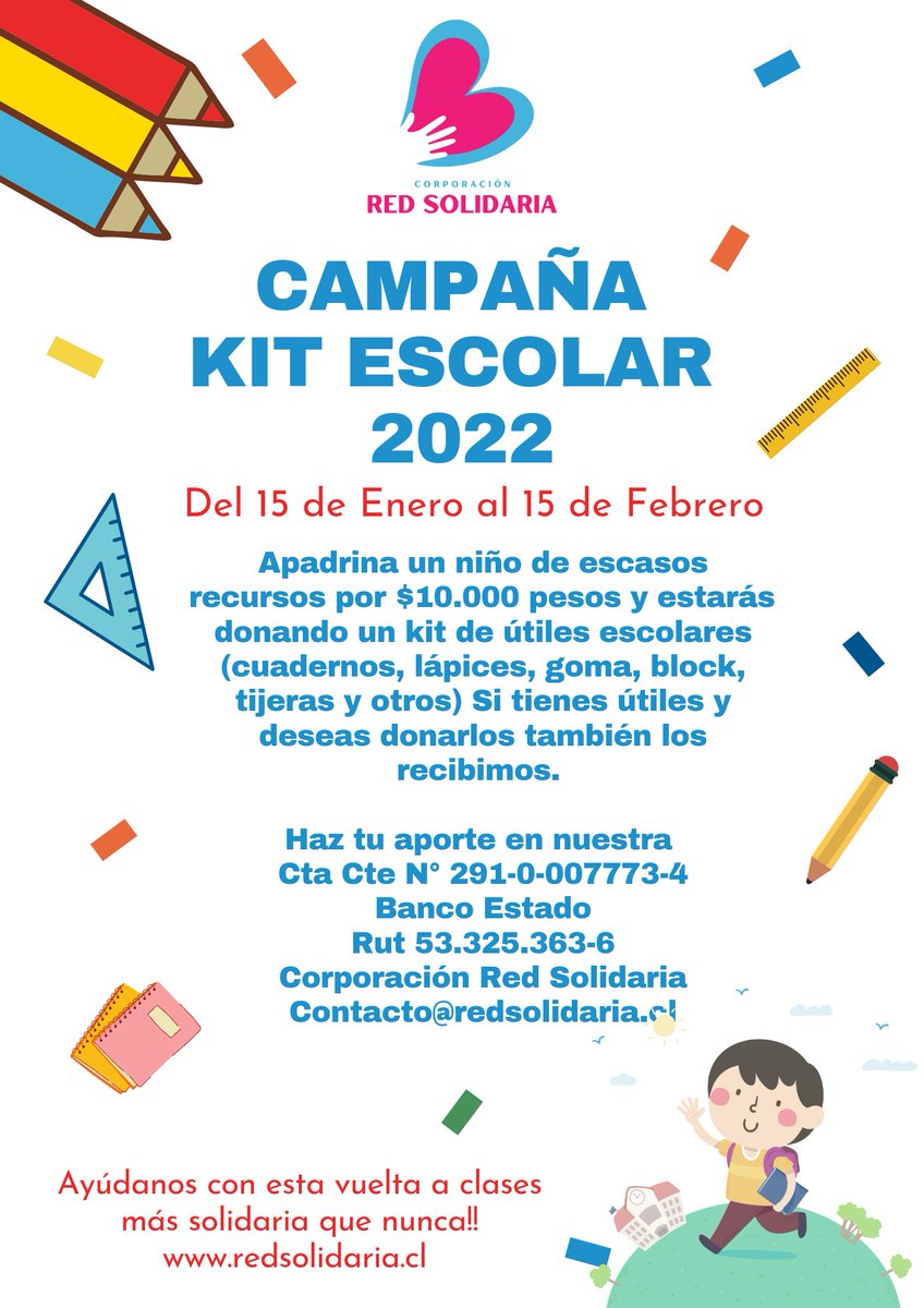 Todos invitados a colaborar en nuestra campaña de vuelta al colegio 2022, puedes apoyarnos con un aporte de $10.000 pesos o también si deseas donar útiles déjanos tu teléfono por interno y te contactaremos. 🙌🙌❤️🙌❤️