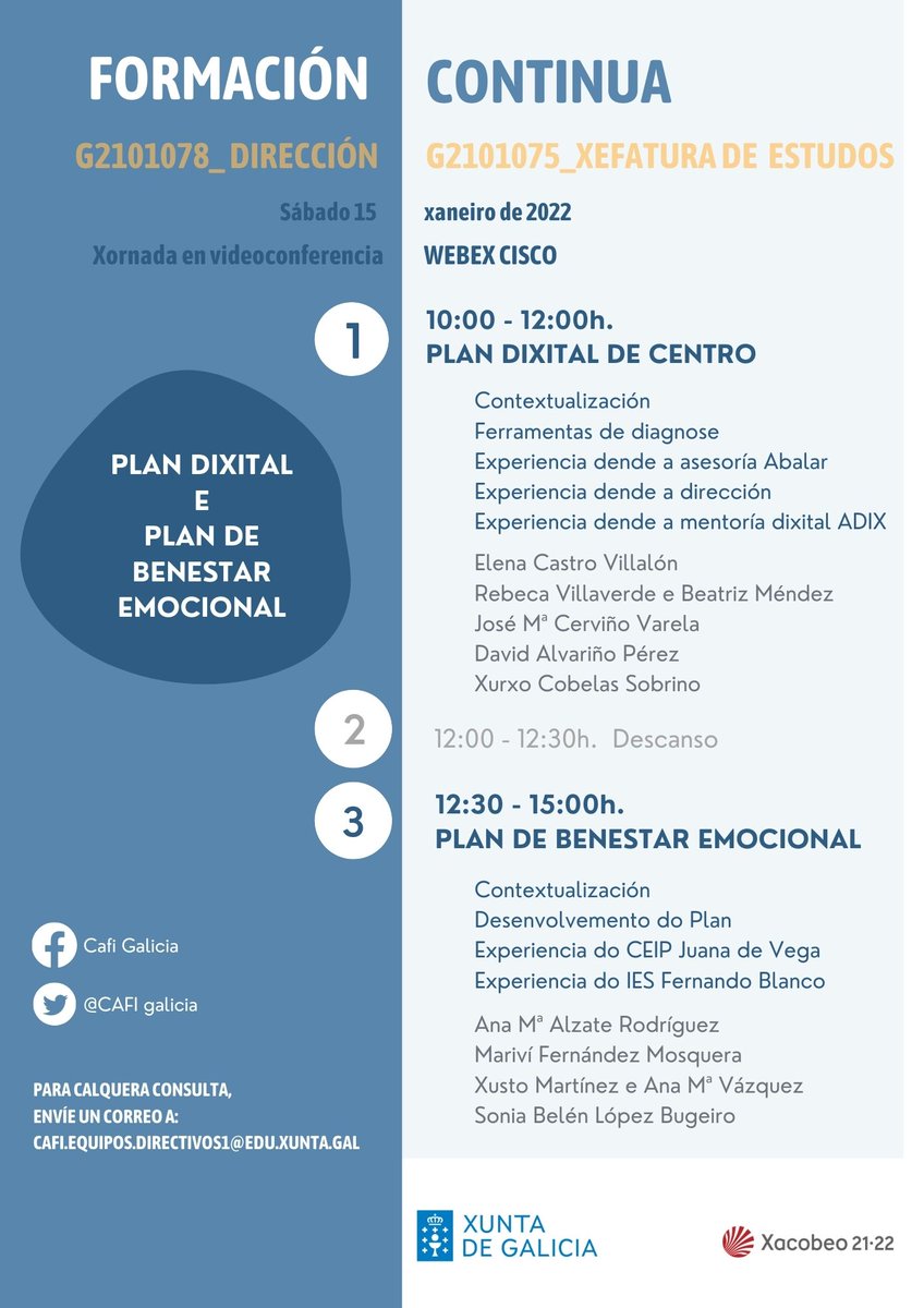 aurallme's tweet photo. Mañá sabado 15 de xaneiro, máis de 200 docentes da dirección e xefatura de estudos compartirán unha xornada de formación con novidades importantes neste curso académico: Plan Dixital de Centro e Plan de Benestar Emocional @CAFIgalicia https://t.co/NZZuD4BB04