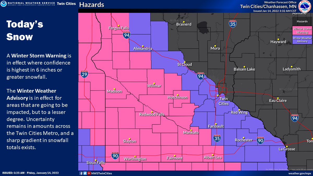 NWSTwinCities's tweet image. A Winter Storm Warning has been issued where confidence is highest in 6"+ of snow. The Winter Weather Advisory areas are going to be impacted, but to a lesser degree. Uncertainty remains in amounts across the Twin Cities, and a sharp gradient in snow totals exists. #mnwx #wiwx