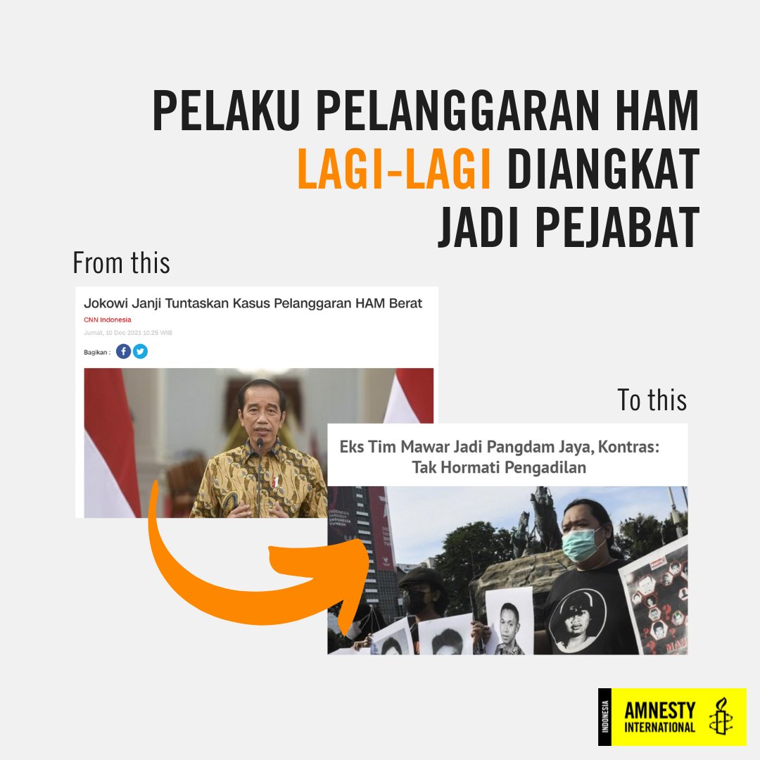 amnestyindo's tweet photo. Pelaku pelanggaran HAM berat lagi-lagi jadi pejabat.
Pada 4 Januari 2022, Panglima TNI Jenderal Andika Perkasa mengangkat Mayjen TNI Untung Budiharto, mantan anggota Tim Mawar yang diduga terlibat penculikan dan penghilangan paksa 1998-1999 sebagai Pangdam Jaya. #TheRightsFacts https://t.co/by22NnnjVj