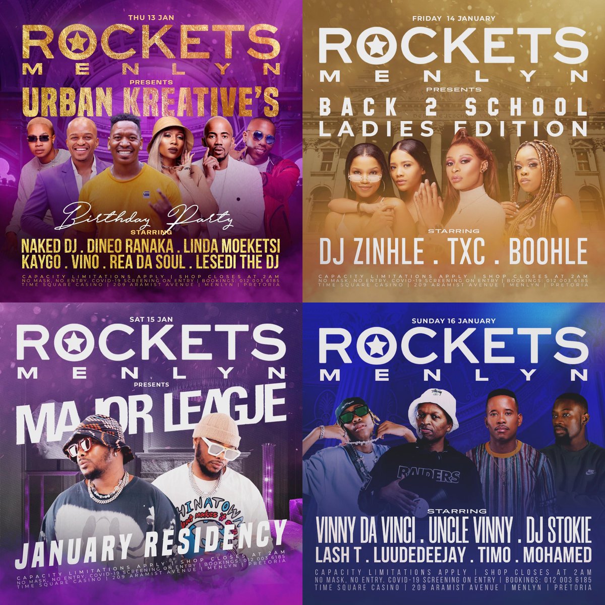 RocketsLife's tweet photo. #rocketsmenlyn Weekend Line-Up ๐๐๐ https://t.co/3H6Sg6AanA