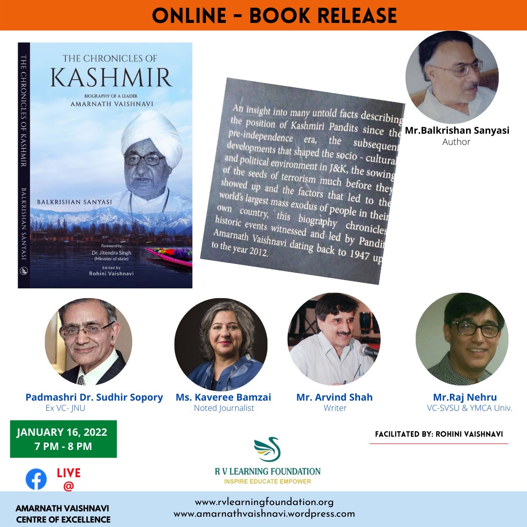 rohiniv's tweet photo. BOOK RELEASE “ THE CHRONICLES OF KASHMIR”, FACEBOOK LIVE AT : https://t.co/lslOW89GI5 . JANUARY 16 (SUNDAY) AT 7 PM.
Biography:Pandit Amarnath Vaishnavi.
Book review:Mrs @kavereeb  and  Mr.Arvind Shah #kashmiri #kashmiripandit #biography @BattaKashmiri @rajnehru33 @kashmiriRefuge https://t.co/7QaNmUtNhp