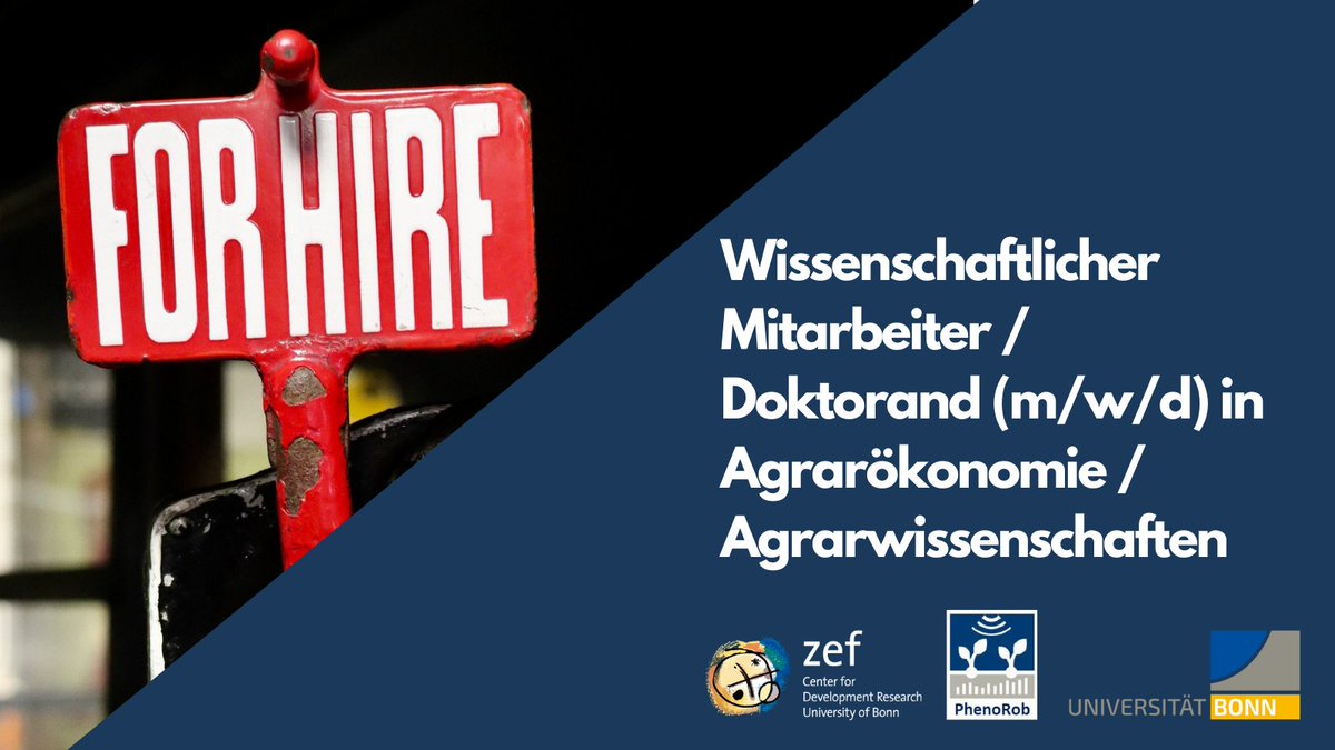 ZEFbonn's tweet photo. ++We are hiring++ Wir suchen zum 01.04.2022 eine*n WMA/Doktorand*in in Agrarökonomie/Agrarwissenschaften 
für ein Forschungsprojekt im Rahmen des @PhenoRob Exzellenz-Clusters. Forschung &amp; Promotion werden von @MatinQaim betreut. 
▶️https://t.co/h1WkAHJ41f https://t.co/qHTa5ouQnv