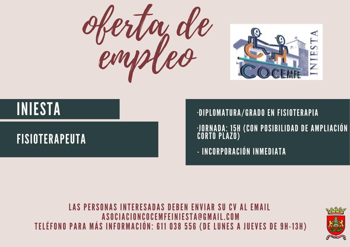 AytoIniesta's tweet photo. 𝐎𝐅𝐄𝐑𝐓𝐀 𝐃𝐄 𝐄𝐌𝐏𝐋𝐄𝐎

La asociación 𝐂𝐨𝐜𝐞𝐦𝐟𝐞 𝐈𝐧𝐢𝐞𝐬𝐭𝐚  para la promoción de personas con discapacidad busca 𝐟𝐢𝐬𝐢𝐨𝐭𝐞𝐫𝐚𝐩𝐞𝐮𝐭𝐚.

#Iniesta #empleo #ofertadetrabajo https://t.co/H62OUUwqHJ
