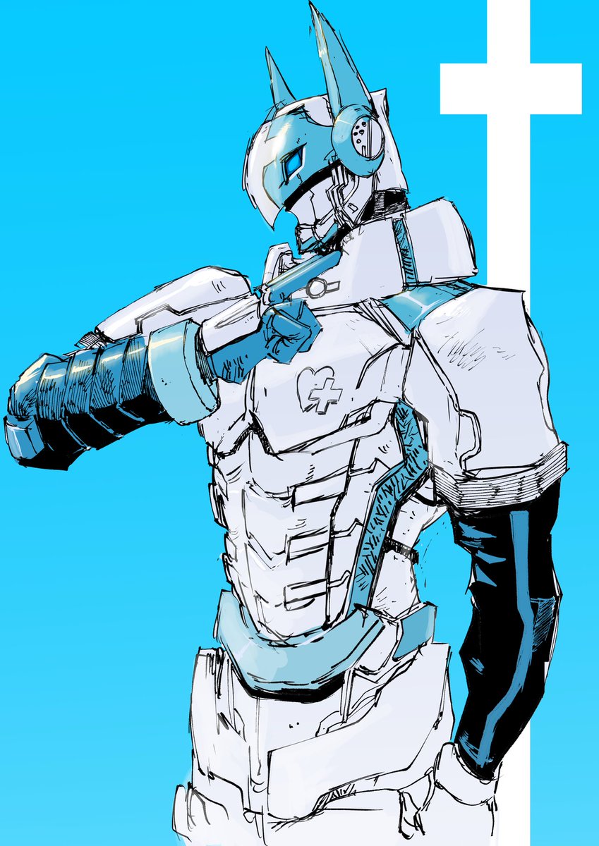 solo blue background 1boy male focus robot cross monochrome  illustration images