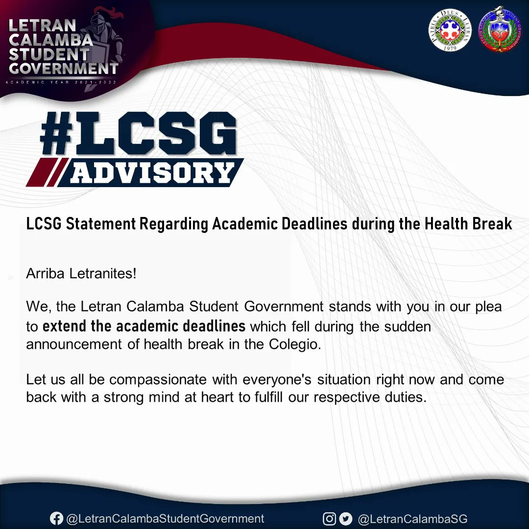 LetranCalambaSG's tweet image. 𝗟𝗖𝗦𝗚 𝗦𝘁𝗮𝘁𝗲𝗺𝗲𝗻𝘁 𝗥𝗲𝗴𝗮𝗿𝗱𝗶𝗻𝗴 𝗔𝗰𝗮𝗱𝗲𝗺𝗶𝗰 𝗗𝗲𝗮𝗱𝗹𝗶𝗻𝗲𝘀 𝗱𝘂𝗿𝗶𝗻𝗴 𝘁𝗵𝗲 𝗛𝗲𝗮𝗹𝘁𝗵 𝗕𝗿𝗲𝗮𝗸.

READ: facebook.com/story.php?stor…

#LCSGAdvisory
#HealthBreak
#LetranCalambaStudentGovernment