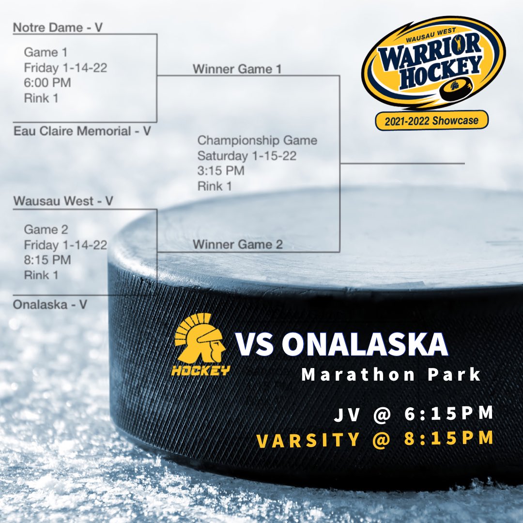 WW_Hockey's tweet photo. 🚨GAME DAY!!!!! Tonight we host Onalaska, @ndahockey and @ecmboyshockey for night 1 of the 2022 Warrior Showcase at Marathon Park! #wiaahockey @WarriorsAthDept #WWHOCKEY VS Onalaska @ 8:15PM https://t.co/j3JWaDa0et