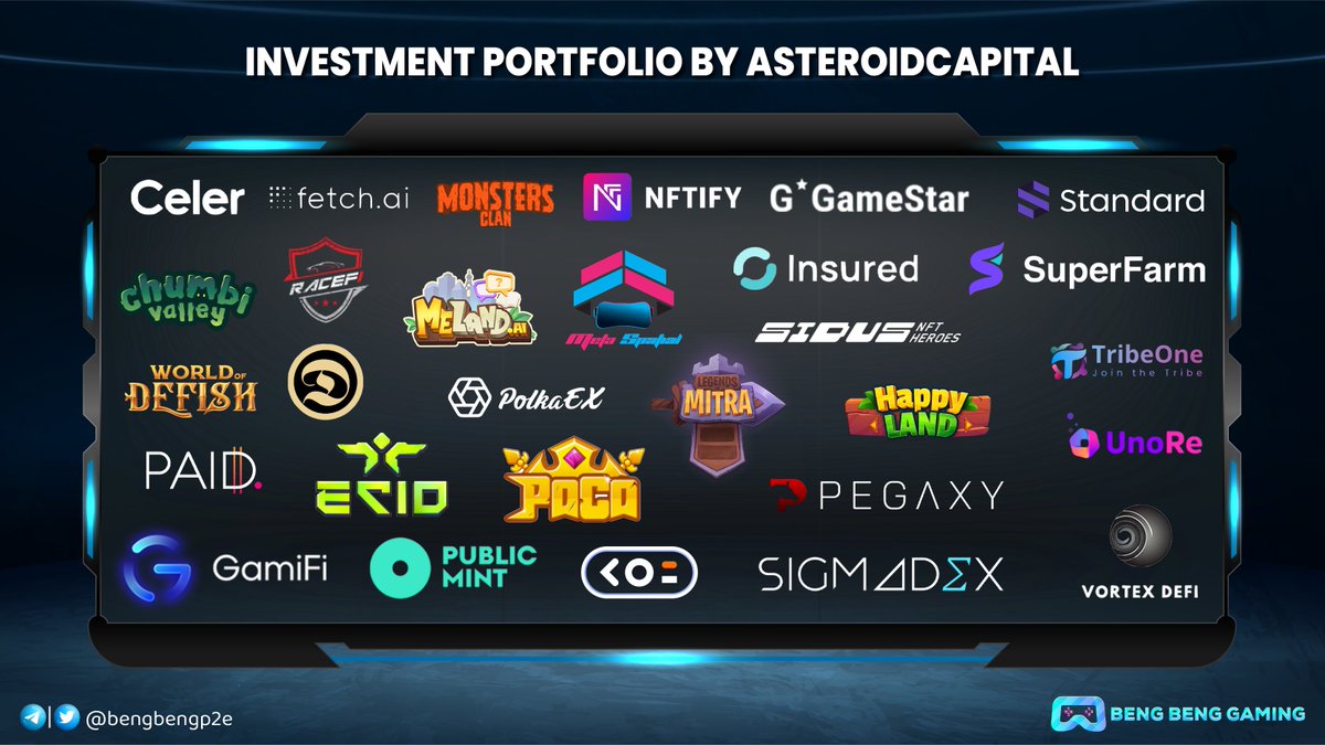 bengbengp2e's tweet photo. 🎗 Investment Portfolio By @AsteroidCapital 🎗

@racefi_io @WorldOfDefish @PocoNFTsGame
@HappyLand_HPL @meland_ai @KoiMetaverse
@galaxy_sidus @ECIOspace @LegendsOfMitra
@ChumbiValley @PegaxyOfficial @MetaSpatial_io 
@_Monstersclan @GameStarXchange @gamifigg

#BBG #portfolio https://t.co/OHdAcGnx6D