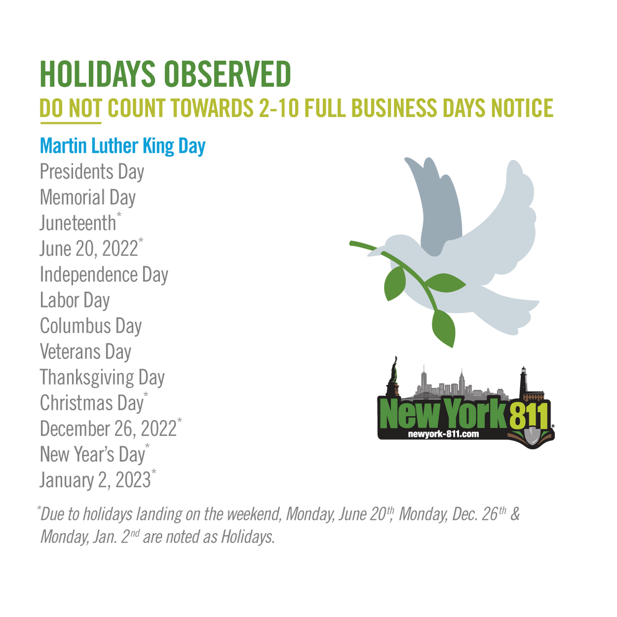 NewYork811's tweet photo. OPEN 24/7/365, including #MLKDay – Mon. Jan. 17, 2022.
Markout requests & APR statuses are ALWAYS available - but holidays and weekends do NOT count towards the 2-10 full business days notice. Plan accordingly and #CallorClick811, anytime. https://t.co/0UkSDNhzXW