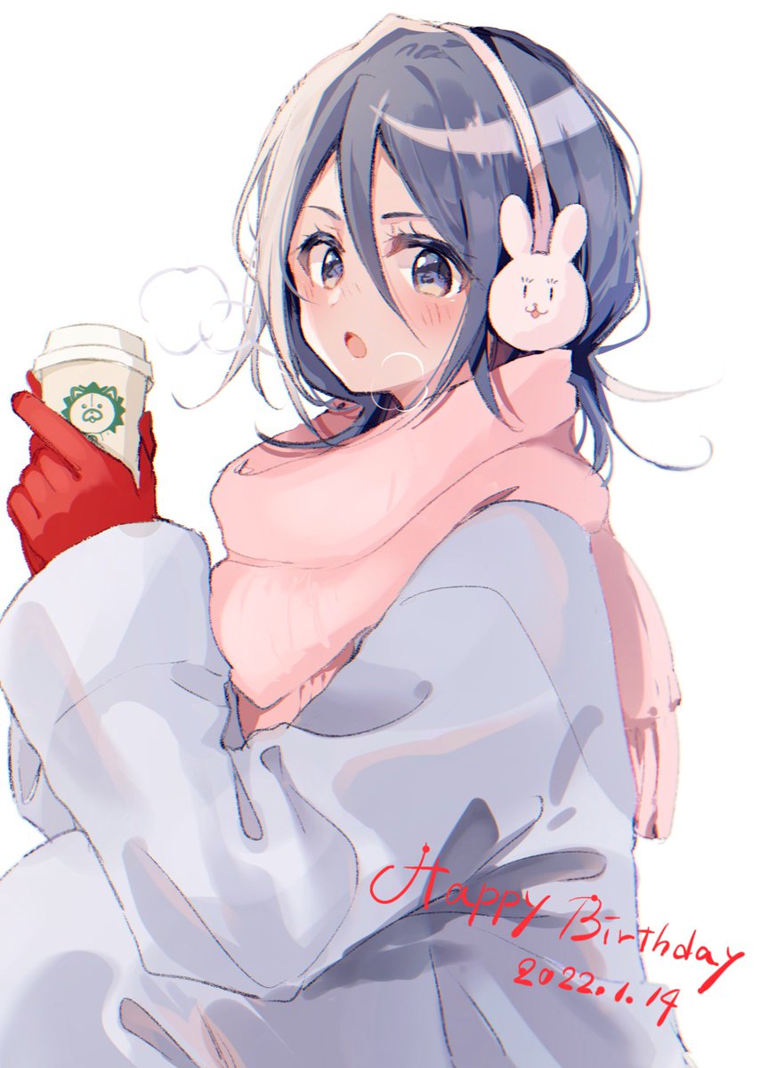 kuchiki rukia 1girl scarf solo gloves hair between eyes cup pink scarf  illustration images