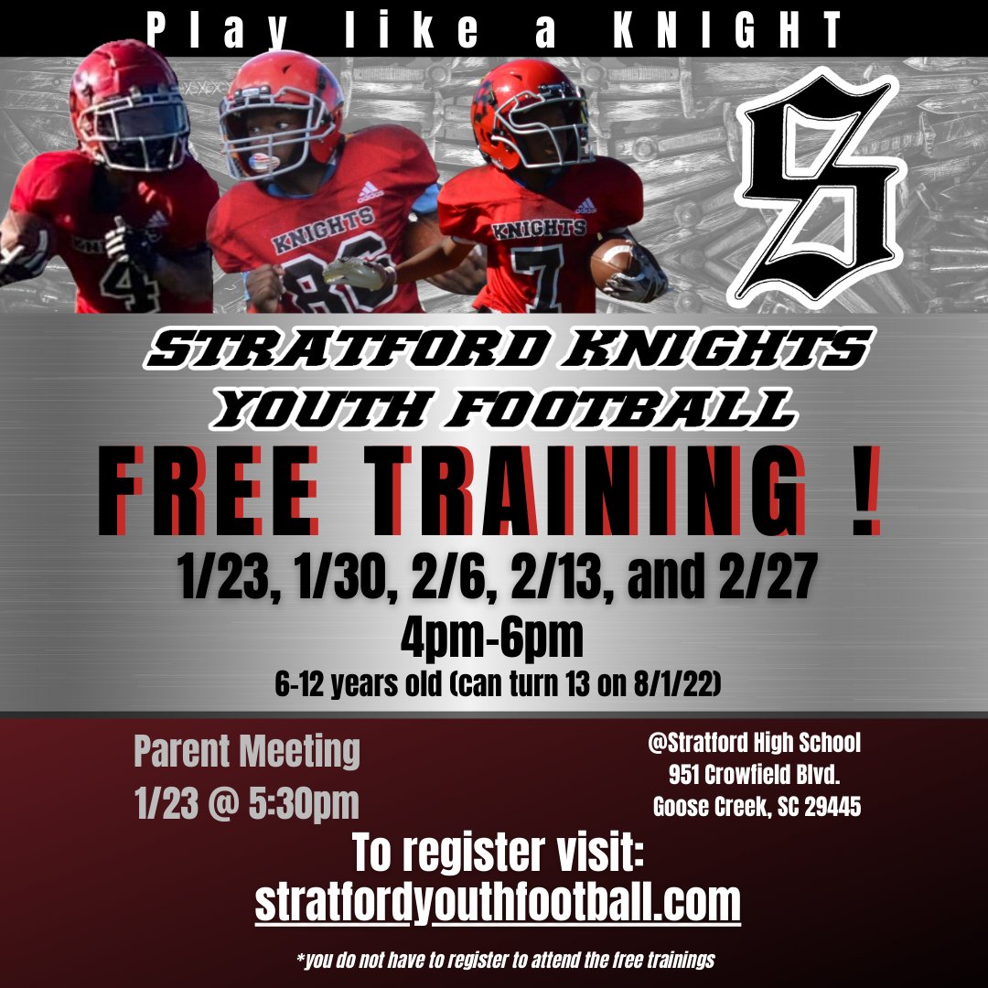 Stratford Youth Athletics (@stratfordyouth1) on Twitter photo FREE TRAININGS starting on 1/23! Parenting Meeting for upcoming season at 5:30pm on 1/23. Any questions, please reach out to us at stratfordyouthfootballprogram@gmail.com
Registration: forms.gle/LdPCsm3tqSXNBf…
stratfordyouthfootball.com FREE TRAININGS starting on 1/23! Parenting Meeting for upcoming season at 5:30pm on 1/23. Any questions, please reach out to us at stratfordyouthfootballprogram@gmail.com
Registration: forms.gle/LdPCsm3tqSXNBf…
stratfordyouthfootball.com