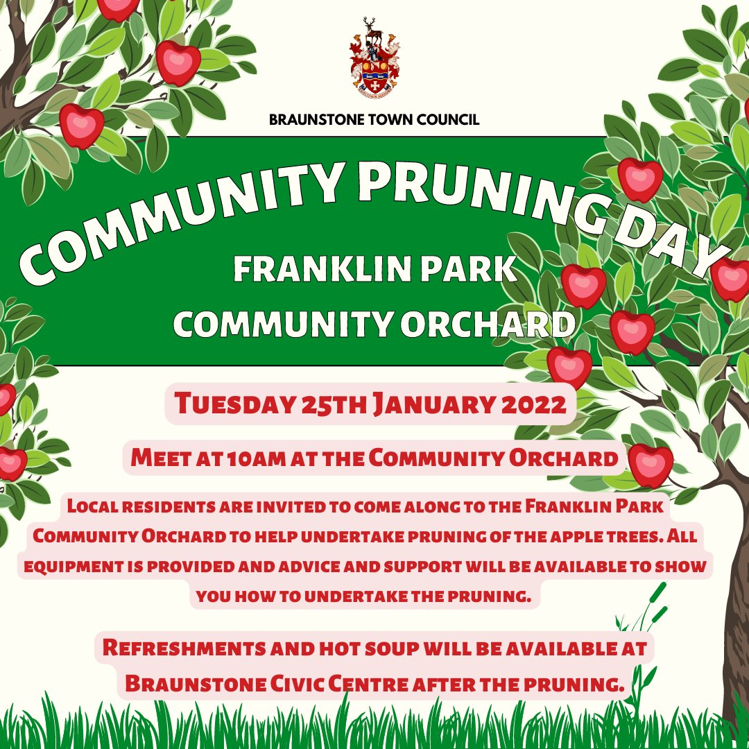 🍎 COMMUNITY PRUNING DAY - FRANKLIN PARK COMMUNITY ORCHARD 🍎

If you would like to come along and help, please meet at 10am at the Community Orchard on 25th January. 

Refreshments and hot soup will be available at Braunstone Civic Centre after the pruning.