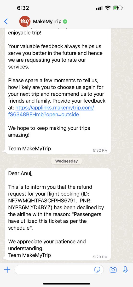 CaAnujd's tweet photo. 2 whatsup from @makemytrip confirming cancellation request on 8th jan itself &amp; second whatsup confirming my earlier tweet &amp; the thirst one is mail received from @flyspicejet denying cancellation &amp; refund on basis of no show https://t.co/CBHlqgH6Hu