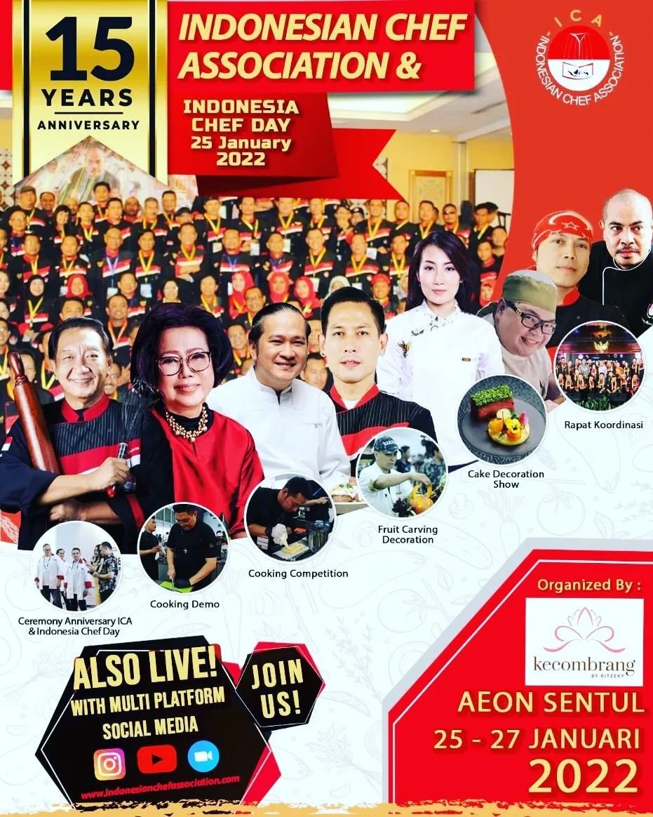 [ #EventICA ]
Salam sahabat kuliner nusantara. 

𝘾𝙊𝙈𝙀 𝘼𝙉𝘿 𝙅𝙊𝙄𝙉 𝙐𝙎! 

Dalam rangka merayakan Chef Day dan 15th YEARS ANNIVERSARY, Indonesian Chef Association mengadakan event pada:
📅 25-27 Januari 2022
📍 AEON Sentul

MARK YOUR CALENDER!