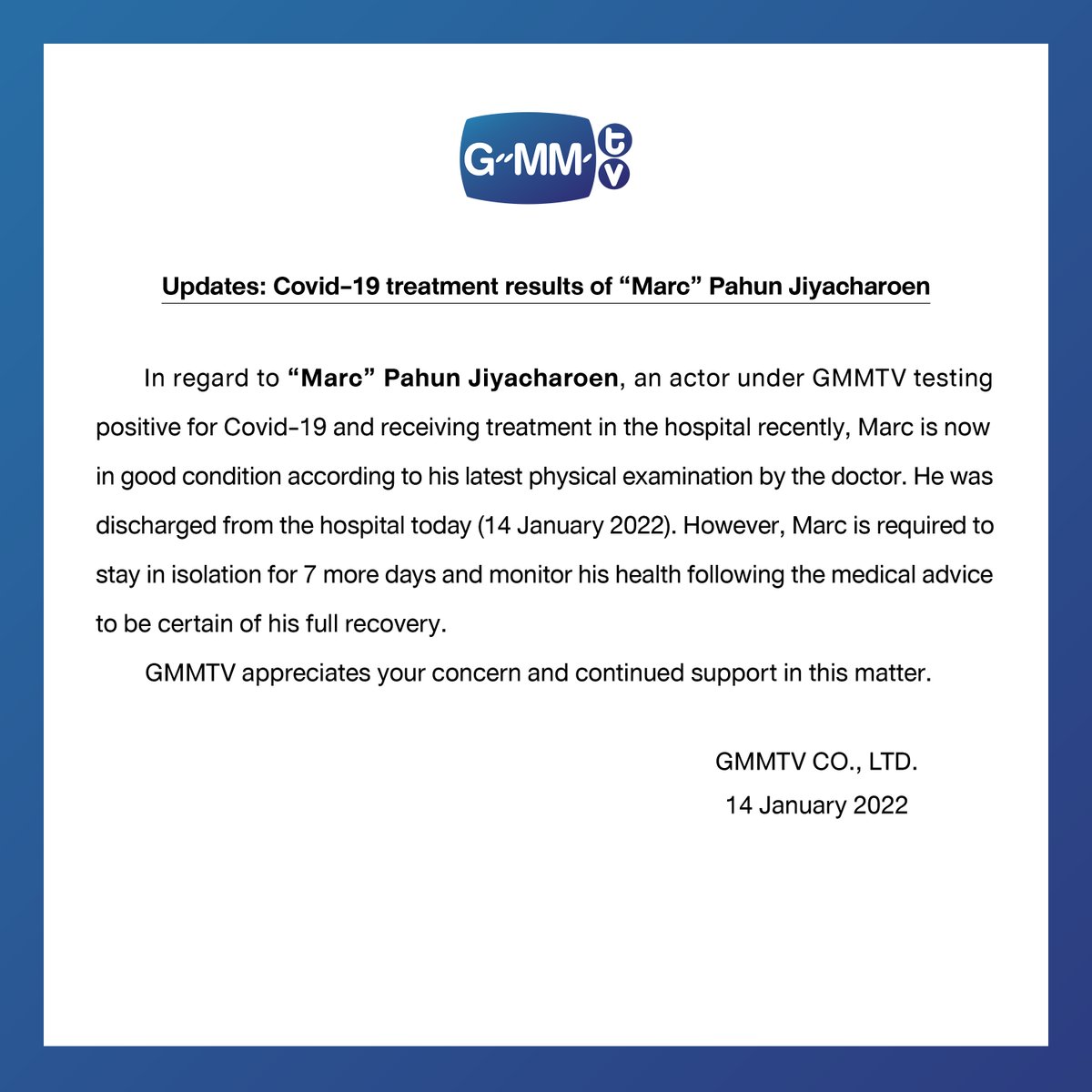 ประกาศแจ้งผลการรักษา COVID-19 ของ “มาร์ค-ปาหุณ จิยะเจริญ”
Updates: Covid-19 treatment results of “Marc” Pahun Jiyacharoen

#GMMTV