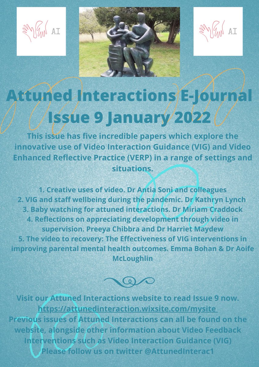 AttunedInterac1's tweet photo. Really excited to publish Issue 9 of #AttunedInteractions #ejournal
🥳🌟🥳🌟🥳
Some fantastic papers about innovative use of video for #family work, #supervision &amp; in #schools #VIG #VERP
Link to website in the flyer - please share 
A huge thanks to authors &amp; peer reviewers https://t.co/48xk0VA75S