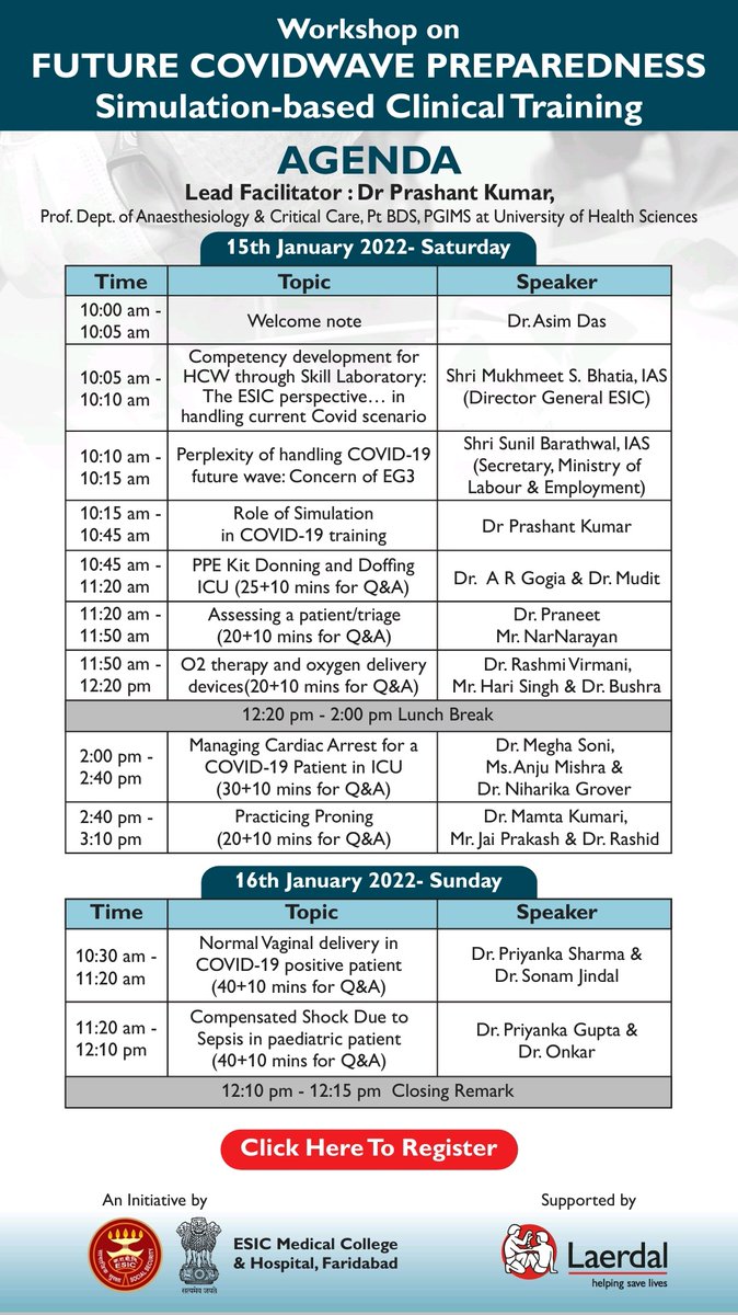 A Simulation based virtual Clinical Training is being organised at on 15 &amp; 16 Jan 2022 at <a href="/EsicmchF/">ESICMCH, Faridabad</a> to prepare health care workers for impending Covid wave. Its first of its kind &amp; is facilitated by renowned certified instructors. An e-certficate will be given for participation