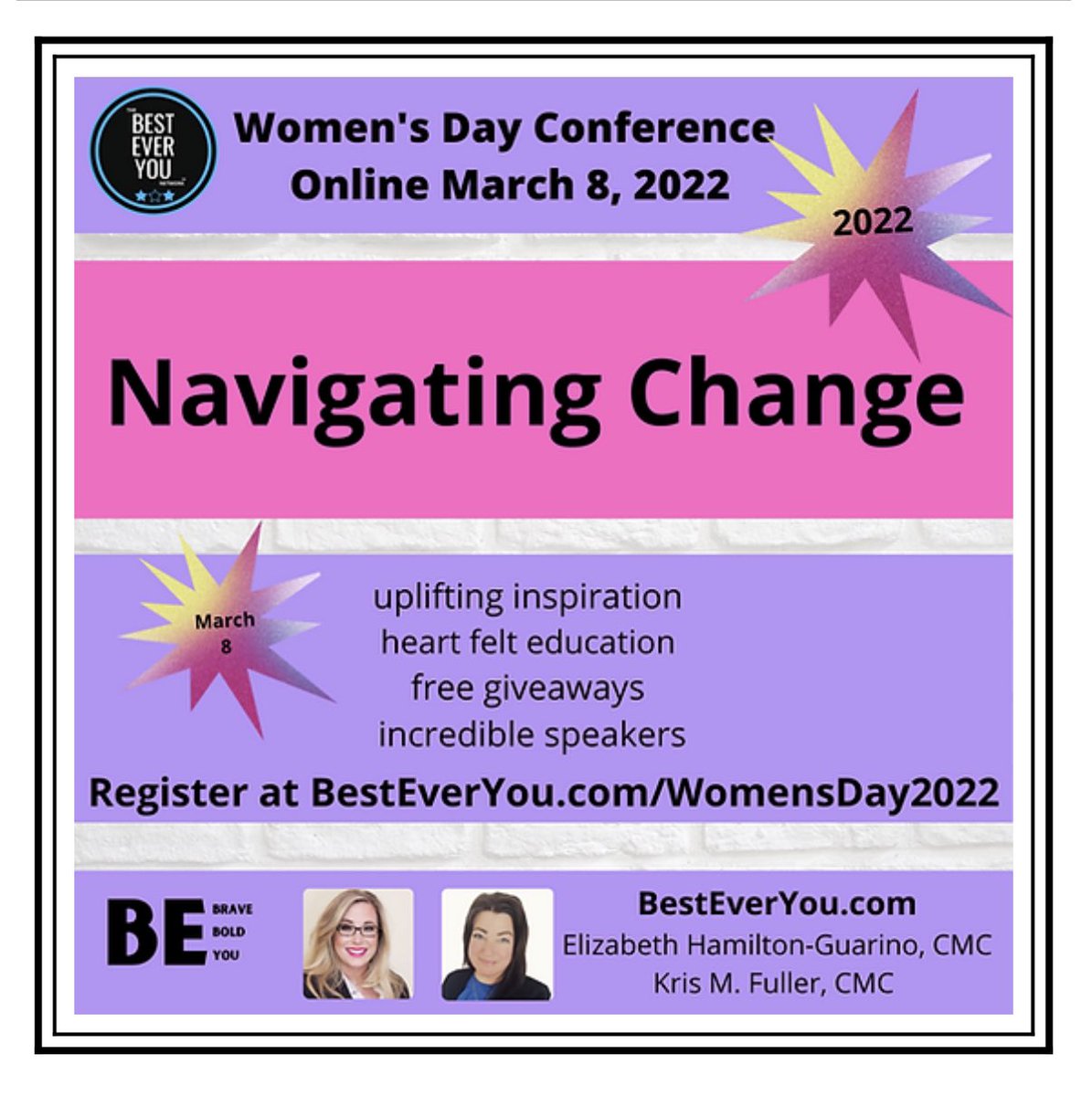 Our Women's Day 2022 is now open for registration!  Please join us for a day of inspiration, information, and entertainment! This year's theme is "Navigating Change" REGISTER:besteveryou.com/womensday2022

#WomensDay2022 #WomensDayConference #BestEverYou