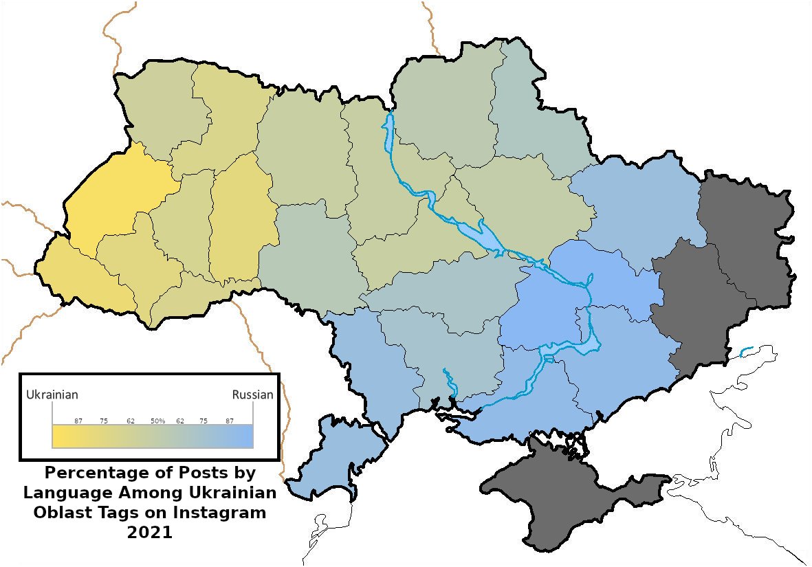 Sven_Etienne's tweet image. A small research project I did on demonstrated language use of Ukrainians on social media (Instagram). I calculated the percentage of what language posts were in each of Ukraine&apos;s oblasts.

Overall, results displayed a higher use of Russian than Ukrainian.