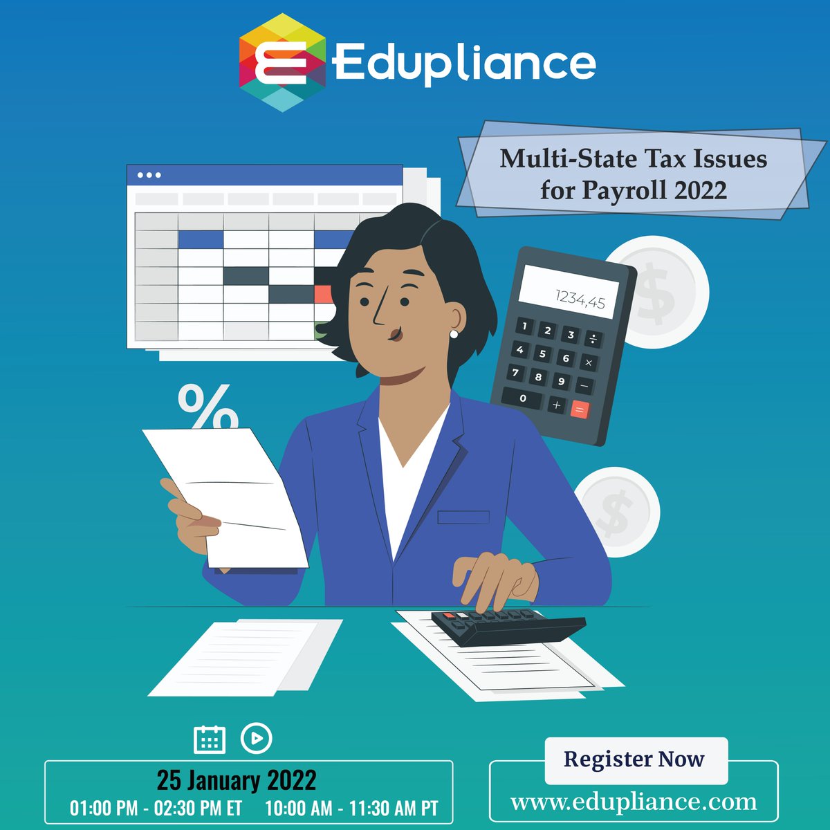 edupliance's tweet photo. Click https://t.co/SC9LKHWvtQ to join @edupliance next upcoming live webinar on 25th January to know about "Multi-State Tax Issues for Payroll 2022" by Patrick Haggerty
#MultiStateTax #stateincometax #Fringebenefittaxation #SUTA #COVID19Pandemic #COVID19 #Compliance #IRS #hr https://t.co/9FvCcQ3bxu