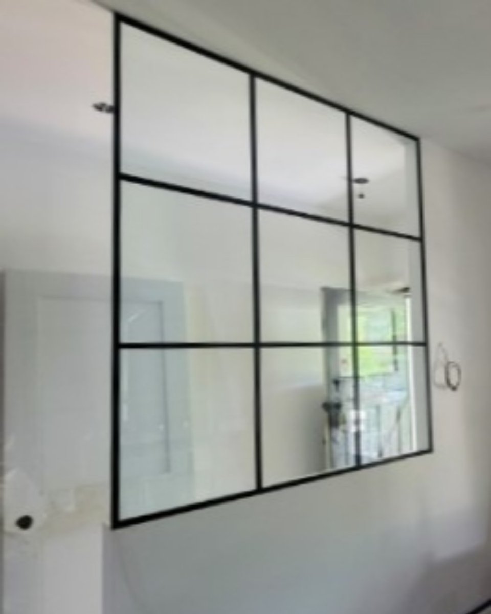 DoorsandMore's tweet image. Feature wall? How about a feature window? The D&amp;amp;M Industria line can be applied to more than just showers and brings flair and style to your space. Completely custom, we can make the mullions/boxes and size you wish! #industria #interiorwindow #matteblack #customglass #window
