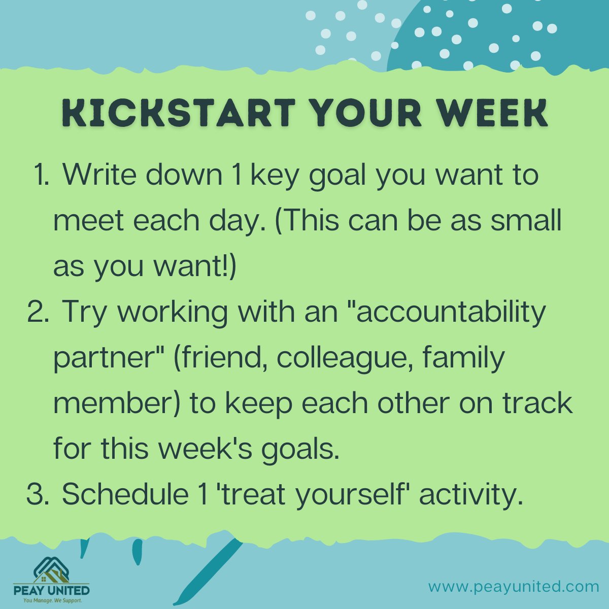 PeayUnited's tweet photo. This weekend, take 5 minutes to kickstart next week and set yourself up for smooth sailing. 
-
Simple milestones, accountability practices with others, and self care can make a huge difference!
-
-
-
#accountability #weekendwisdom #selfcare #wellness #peayunited https://t.co/qxtS679W3s