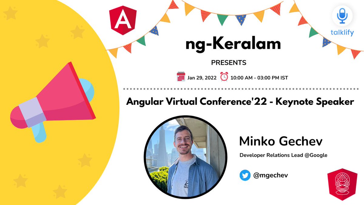 ng_keralam's tweet image. We are excited to announce that @mgechev will be our keynote speaker for Angular Virtual Conference&apos;22!
👉 Reg link - townscript.com/e/angular-virt…
🗓️ 29th January 2022
⏰ 10:00 AM - 03:00 PM IST
#angular #ngKeralam #conference #virtual