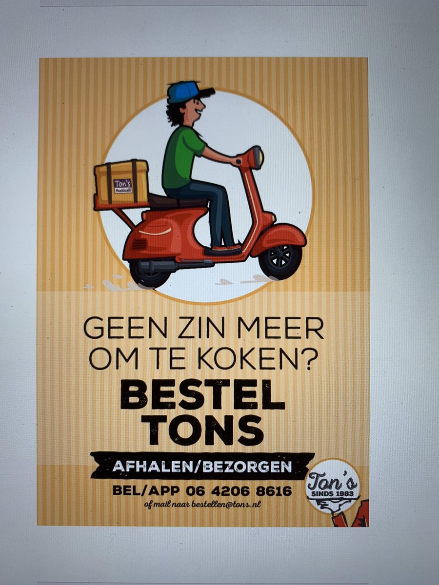 We zijn v.a. weer open voor afhalen en bezorgen tot 5 km rondom Winkelcentrum Oud Rijswijk Bel v a 16 uur 0703903508 , app 0642068616 of bestel via de site Tons.nl
Fijne dag 🥳