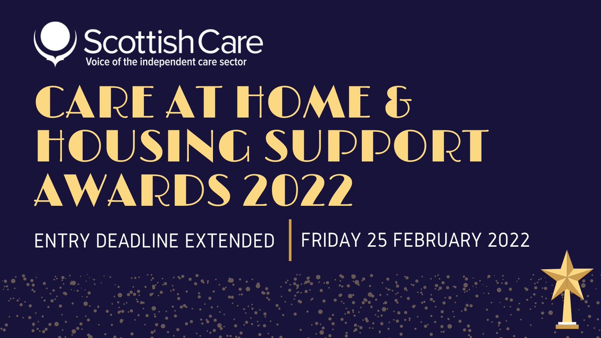scottishcare's tweet photo. The entry deadline has been extended for the our 2022 Care at Home &amp; Housing Support Awards! The new deadline is COP, Friday 25 February. 

Don't miss this opportunity to celebrate the work &amp; achievements of the homecare workforce &amp; service users.

https://t.co/2uD4Dufh2M https://t.co/Enn5wEaudo