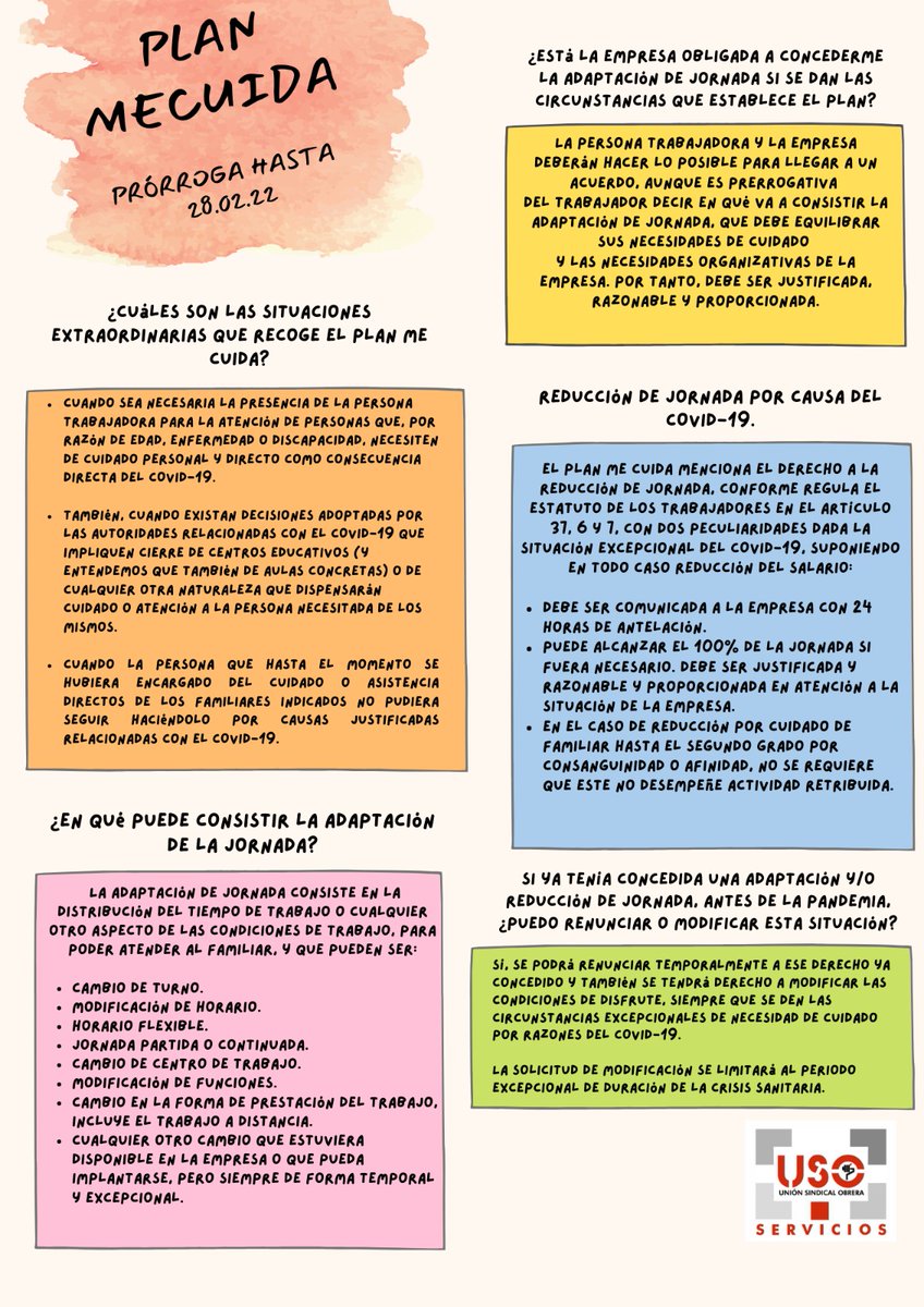 USO_Servicios's tweet photo. 🔴 Ante la subida de casos de #Covid_19, Desde @USO_Servicios os recordamos que el #PlanMeCuida estará vigente hasta el 28 de febrero de 2022 y permite adaptar o reducir la jornada laboral para facilitar la conciliación de la vida laboral y familiar. 👇 https://t.co/BGTMh0685b