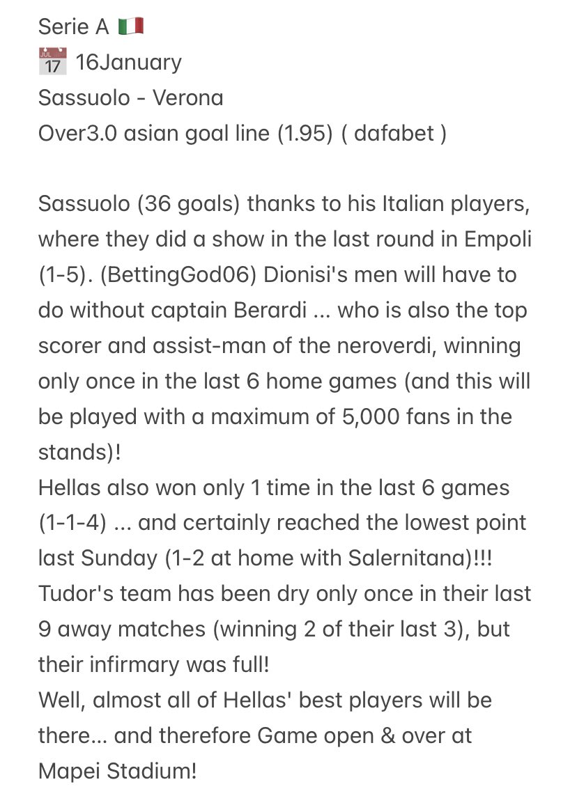 BettingGod06's tweet photo. Serie A 🇮🇹 
📅 16 January 
Sassuolo - Verona
Over3.0 asian goal line (1.95) ( dafabet )

Like ♥️ for more free tips ! https://t.co/2ASzPyOrn7