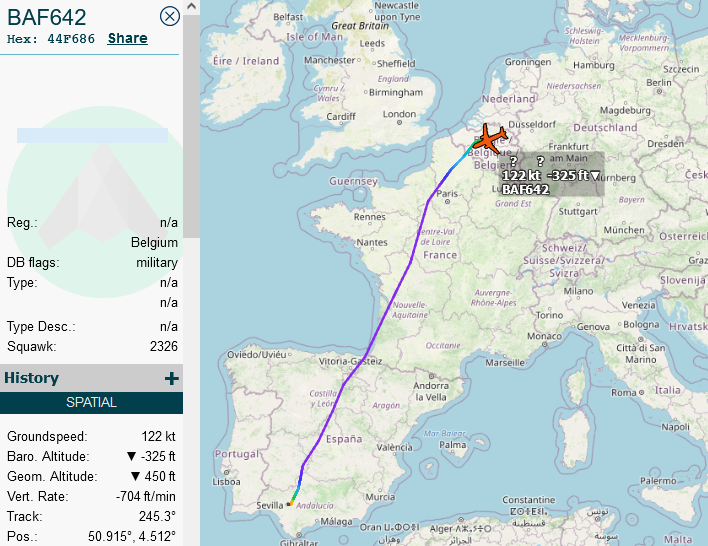 SirListenalot's tweet photo. #Belgium Air Force #A400 #44F686 CT-06 as #BAF642 from Seville, Spain to Brussels. Probably on delivery https://t.co/OAsUe504iy