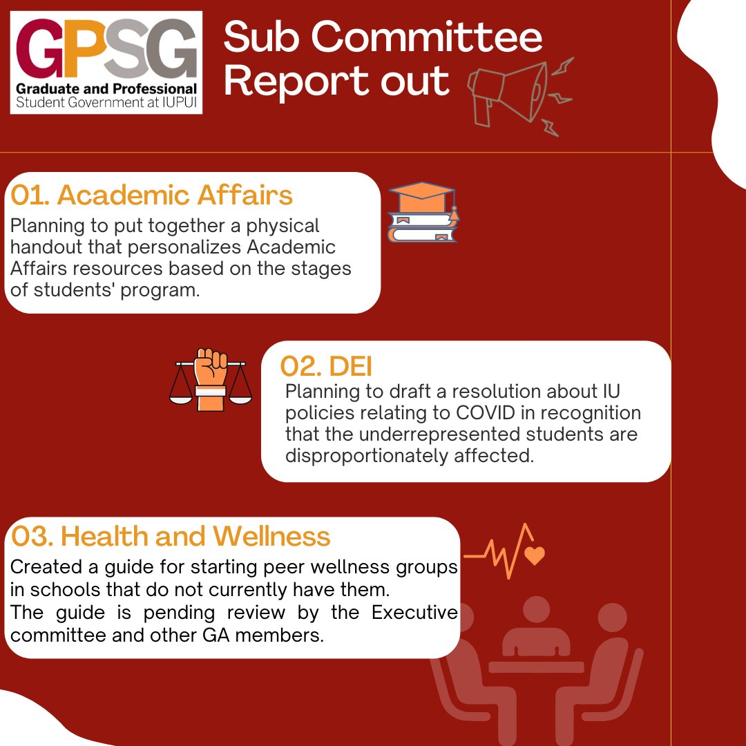 GPSG_IUPUI's tweet photo. Hey GradJags! We are back at it!π
The first GA meeting of Spring 2022 is off to a great start. Swipe to get the scoop on current discussions within the subcommittees, announcements from the executive team, and concerns raised by school representatives.
#gradjag #iupui https://t.co/L1u05euGmE