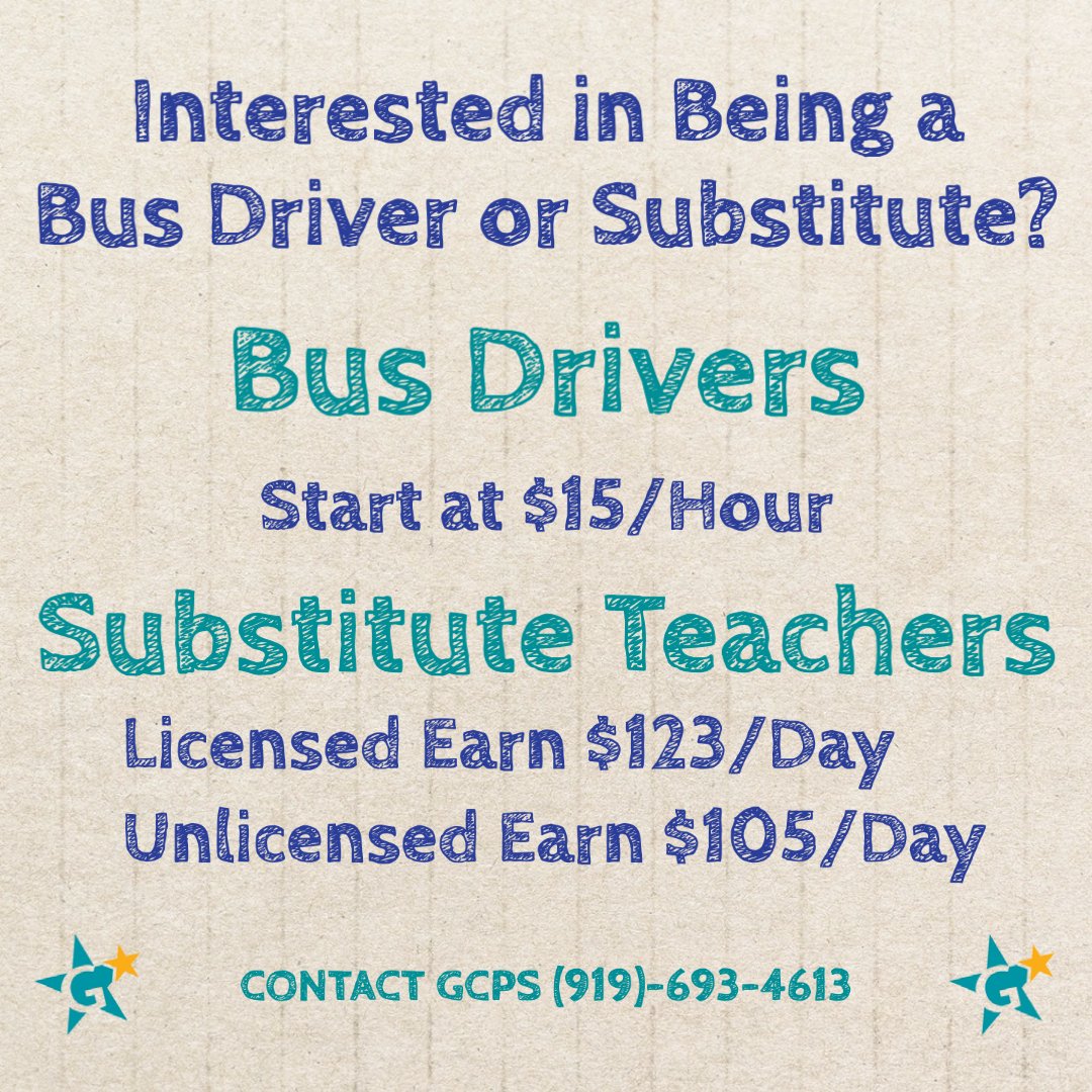 GCPSchools's tweet photo. We need you! Join our team to make a positive difference in the lives of Granville County's children! And, GCPS recently increased salaries! Contact us today to learn more! #GgG https://t.co/gMnAOd1OTC