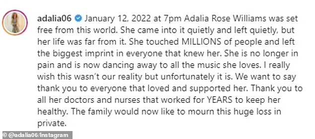 DailyMail's tweet photo. On Thursday, her family told followers that she had died aged 15 as a result of her condition 

+ 'January 12, 2022 at 7pm Adalia Rose Williams was set free from this world. She touched MILLIONS of people and left the biggest imprint in everyone that knew her,' her family wrote https://t.co/0x3OLYXvux