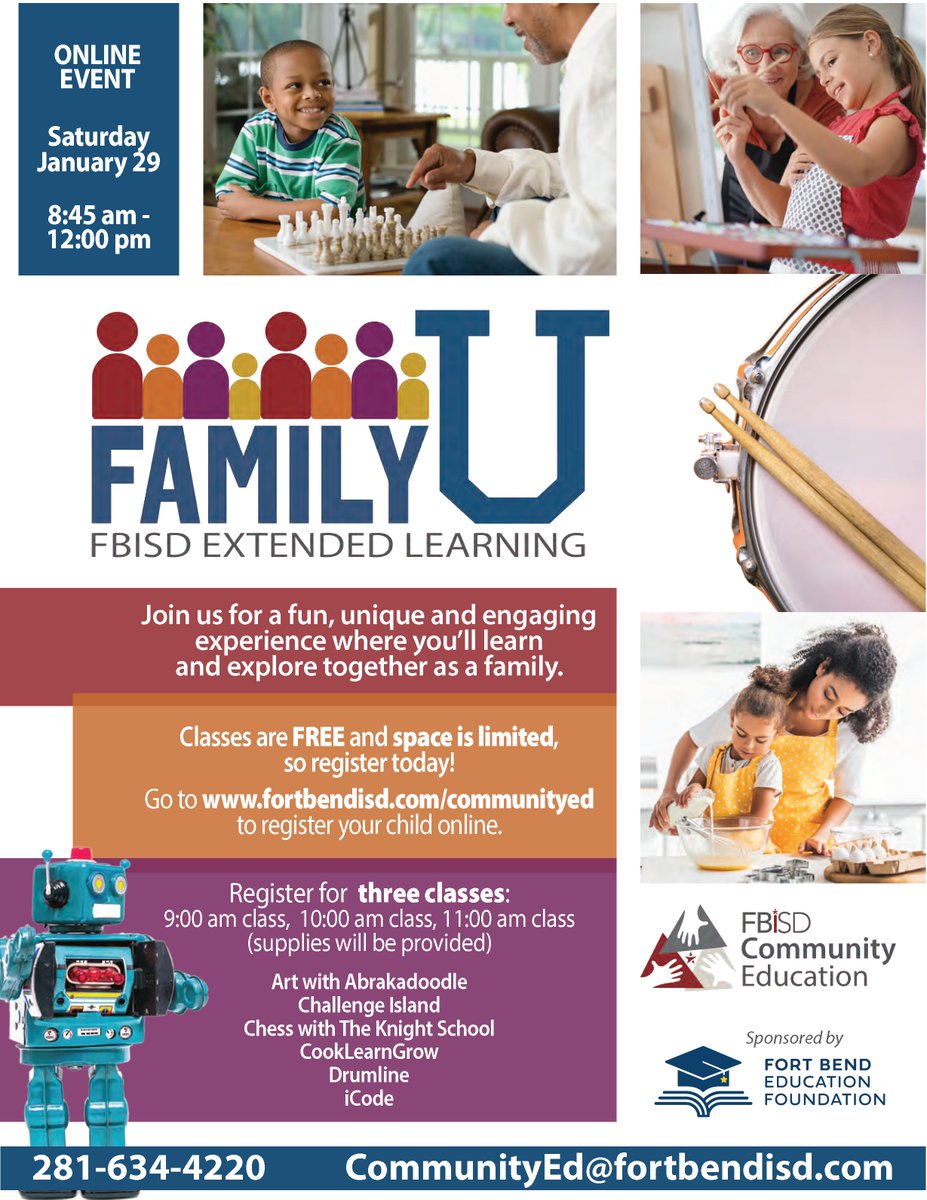 FBISD_extlearn's tweet photo. The @FortBendISD Extended Learning Dept. is excited to host the 2nd Annual Family U Event! Participants- be sure to share pictures here on Twitter and use the hashtag #FBISDFamilyU 📸👩‍👩‍👧 https://t.co/ecj466poN3
