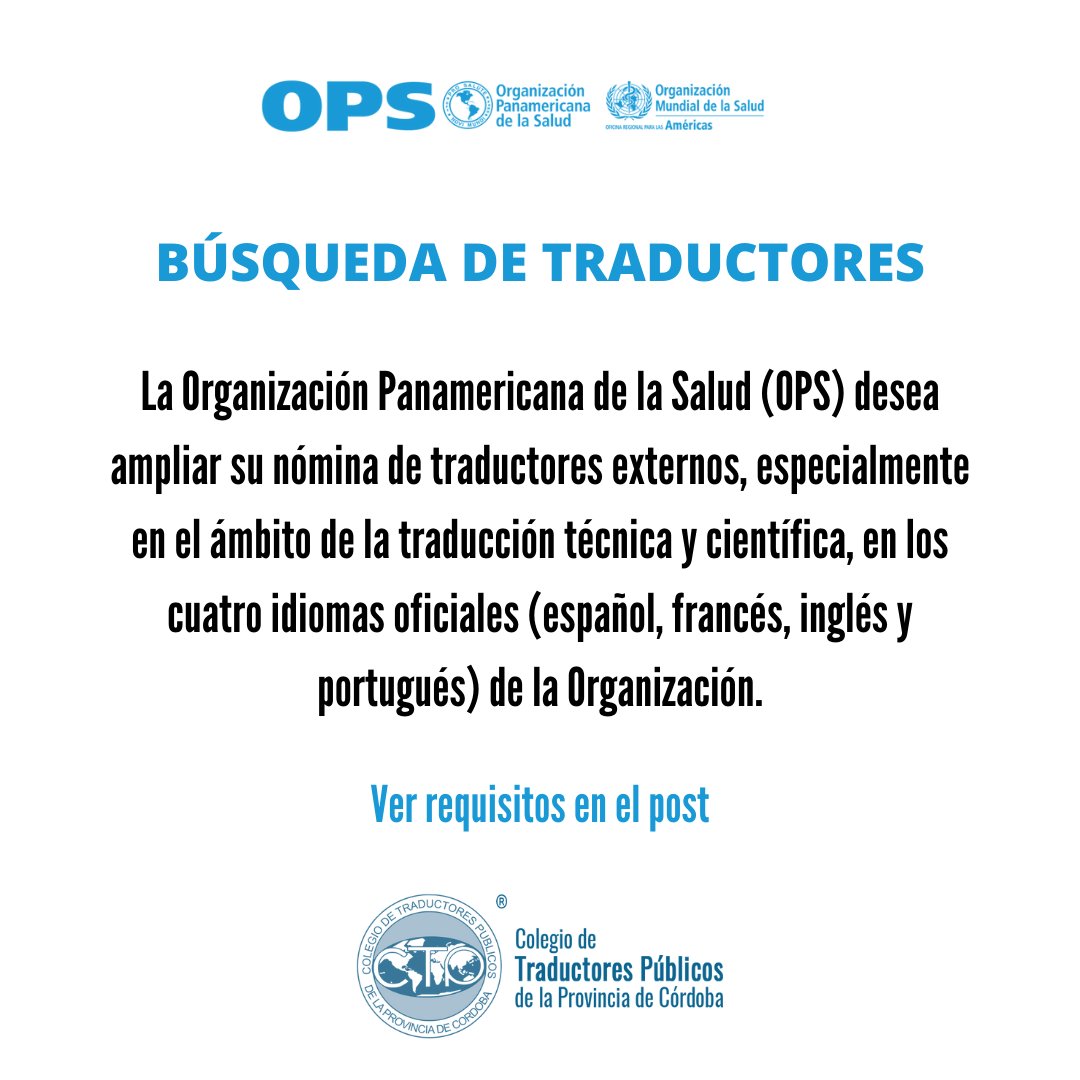⚠Info de interés | Búsqueda de traductores

👉La <a href="/opsoms/">OPS/OMS</a> busca traductores en el ámbito de la traducción técnica y científica, en los cuatro idiomas oficiales (español, francés, inglés y portugués) p/organización

👁VER REQUISITOS AQUÍ👉 paho.org/.../se-buscan-…...