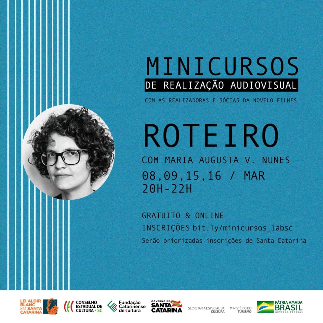 novelofilmes's tweet photo. Realização audiovisual: roteiro com Maria Augusta V. Nunes >> Realização: 08/03 à 09/03 e 15/03 à 16/03 das 20h às 22h

Projeto selecionado pelo Edital Aldir Blanc 2021 – executado com recursos do Governo Federal e Lei Aldir Blanc de Emergência Cultural, por meio da FCC. https://t.co/YmJepGcfaB
