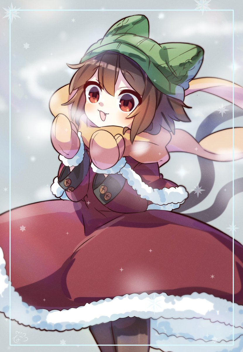 chen 1girl solo brown hair hat two tails winter clothes scarf  illustration images