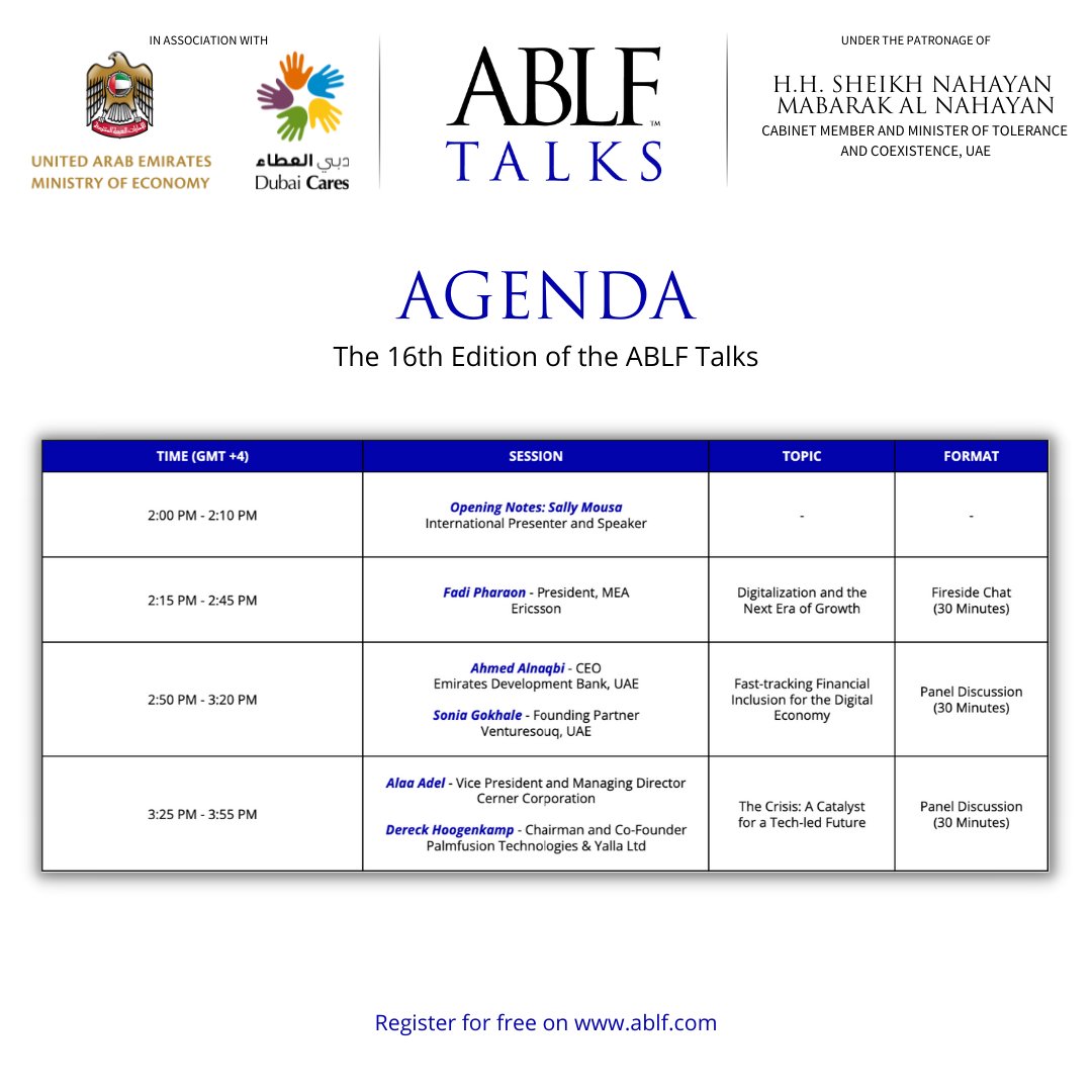 ablf's tweet photo. 3 days left until the 16th Edition of the #ABLFtalks, we're so excited to share with you the agenda for January 17, 2022, at our virtual venue, ABLF City at 2PM (GMT+4). Don’t miss out on this great opportunity and register now on https://t.co/dnjjDrwabl
Moderated by @MousaSally https://t.co/MMRFOL9NNt